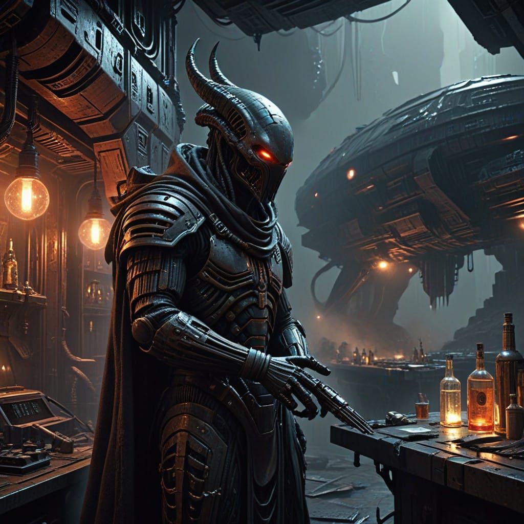 Dark Cosmic Outlaws Gather in Smoky Space Station Bar