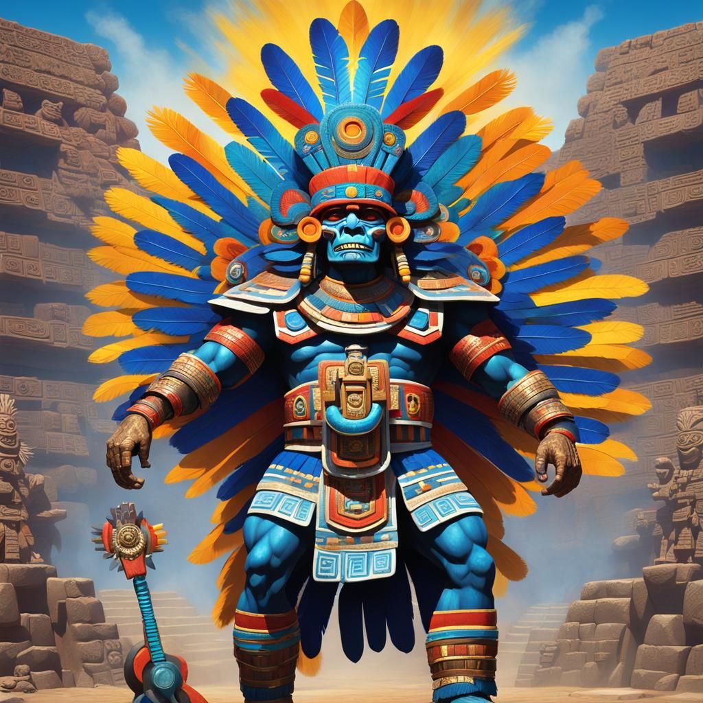 Menacing Aztec God Huitzilopochtli in Volumetric Lighting