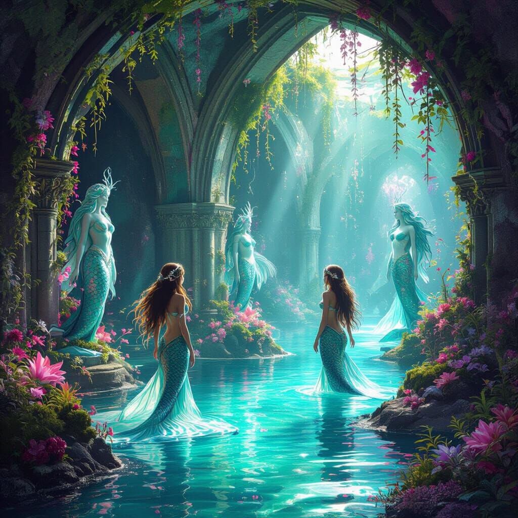 Mermaids in Underwater Cavern in Digital Art Style