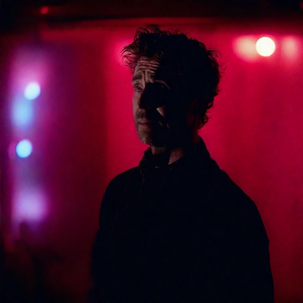 Melancholic Comedian in Dimly Lit Comedy Club