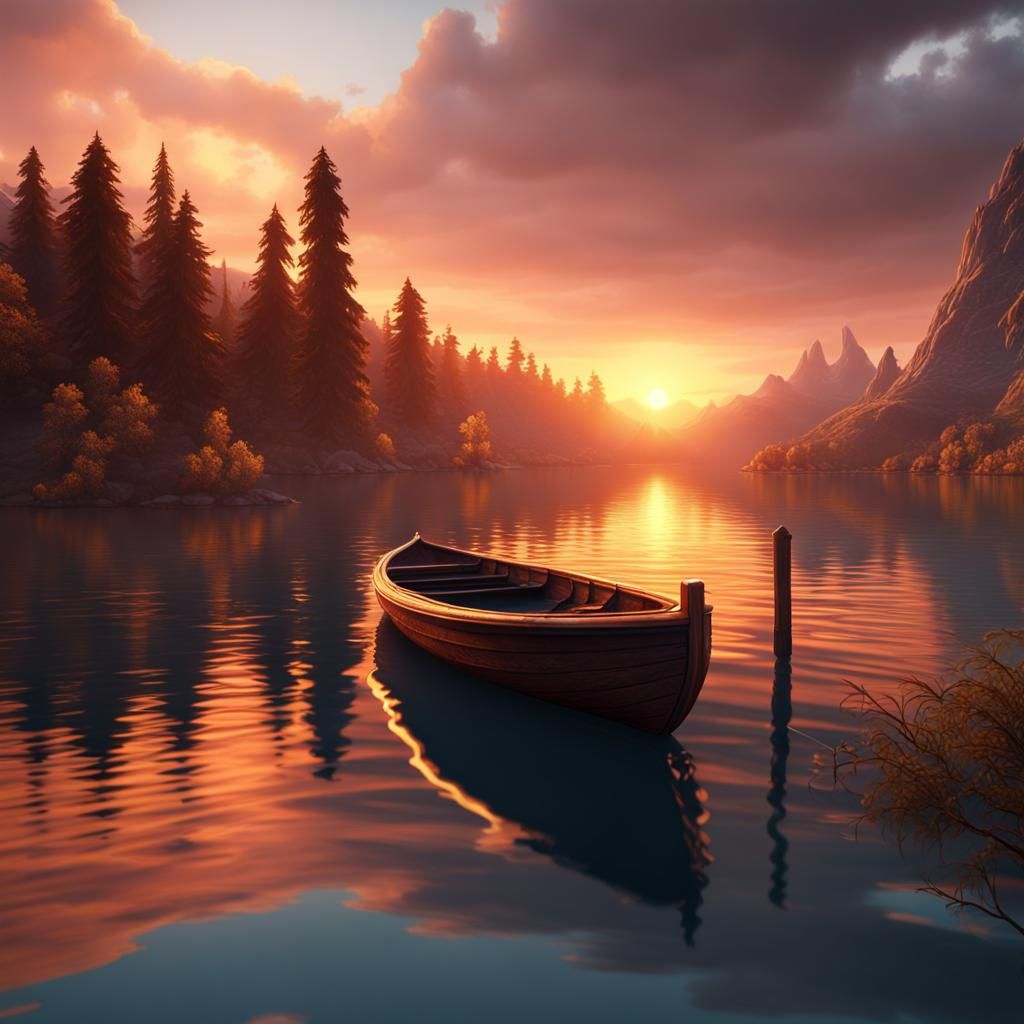 Lake Sunset with Boat: Detailed Matte Painting