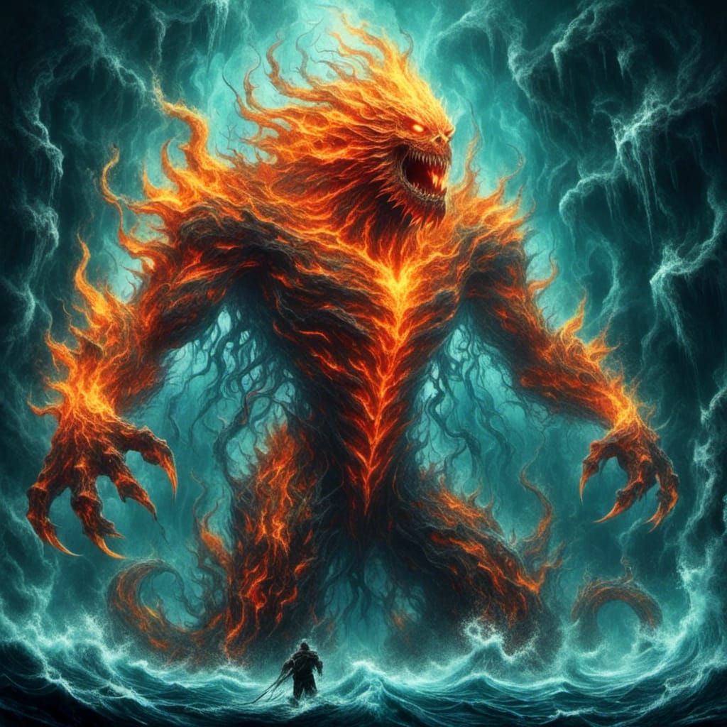 Infernal Fire Leviathan Swimming in Fiery Ocean