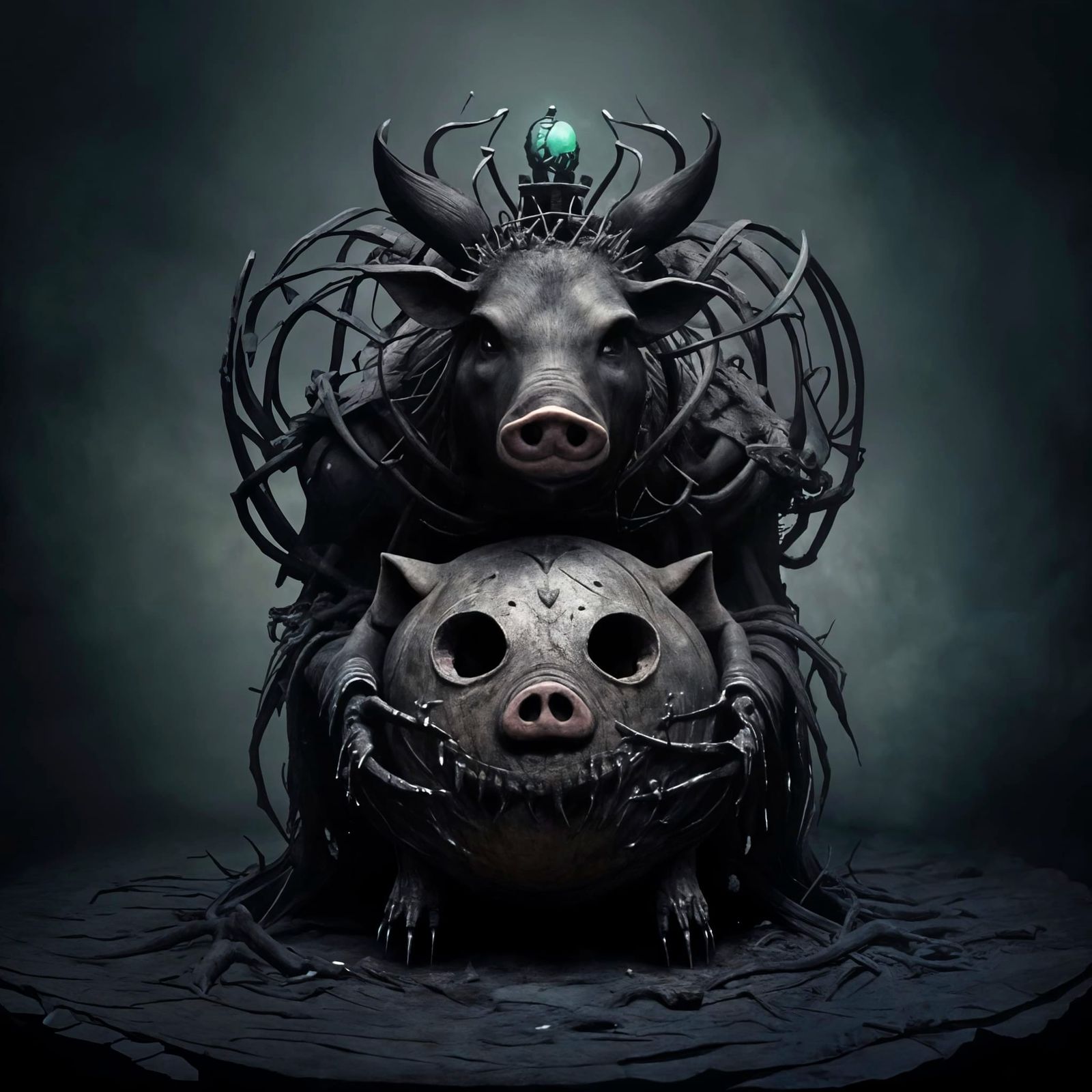 Skeletal Pig Worships Crimson Moon Over Waterfall