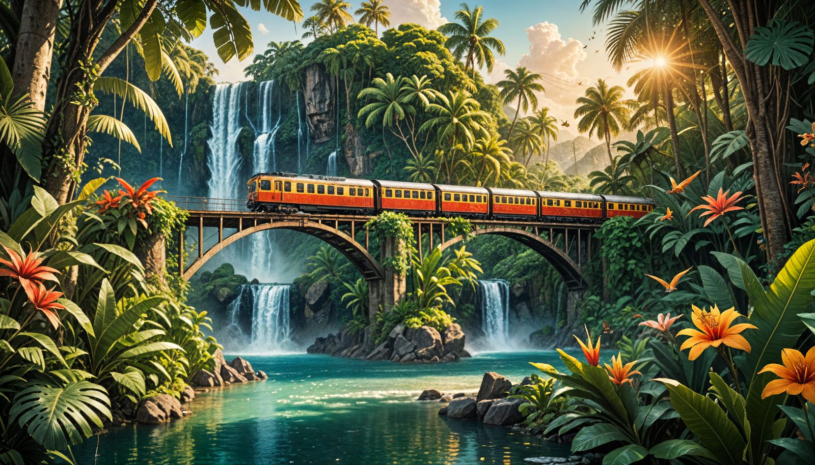 Vintage Train Soars Over Tropical Waterfall