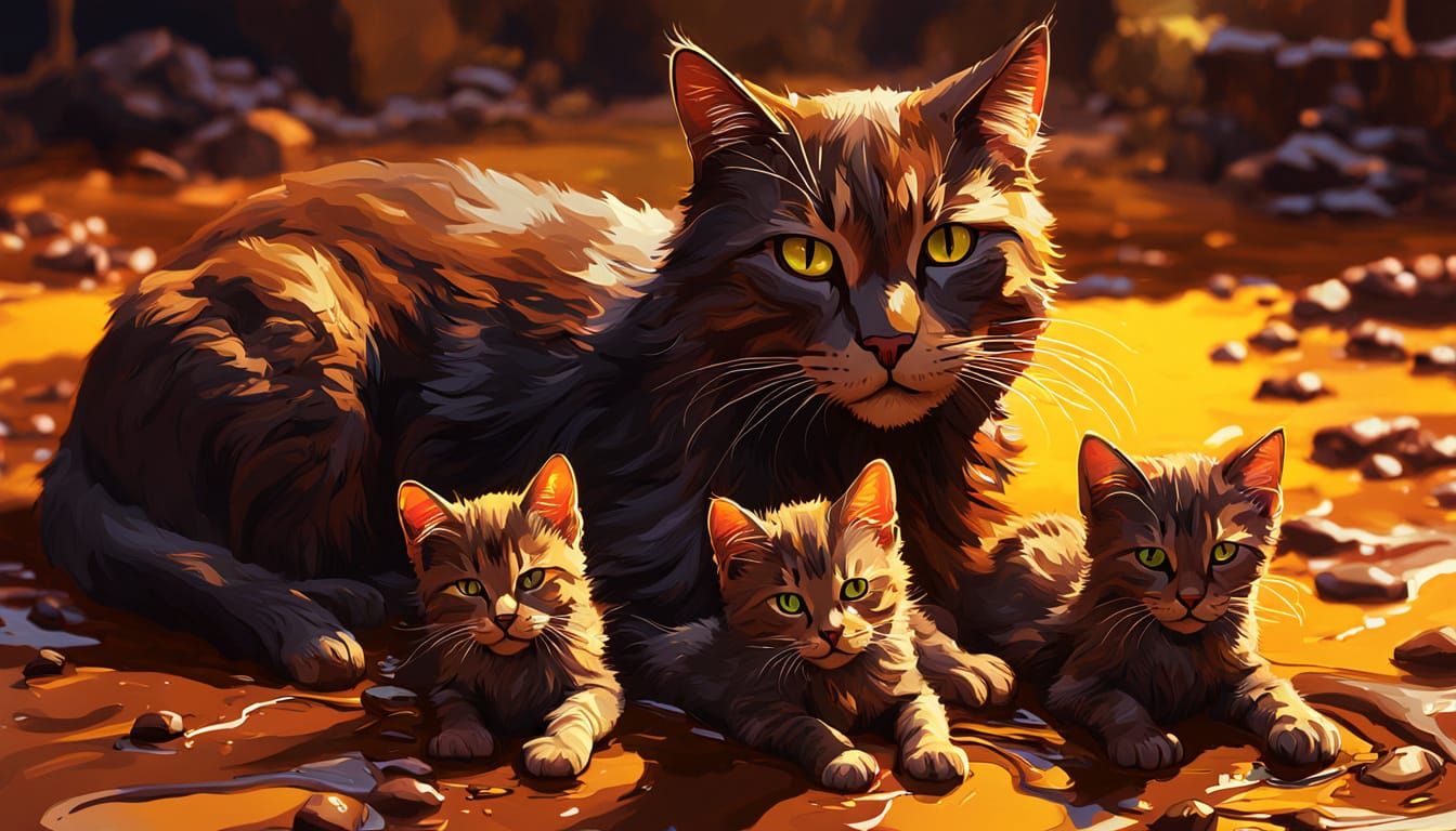Chocolate Mother Cat and Kittens, Fantasy Art