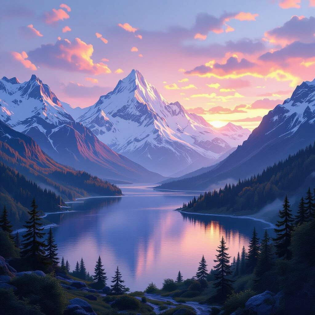 Fantasy Snow Peak Valley at Sunset: Matte Painting