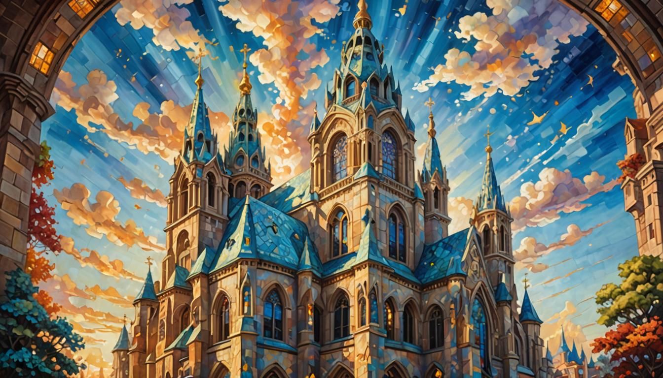 Majestic Church in Oil Painting with Golden Light