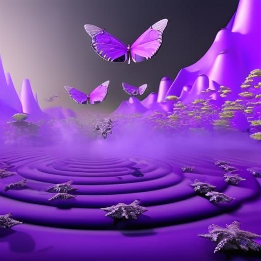 Purple Butterflies in Purple Sunset Forest, Digital Art