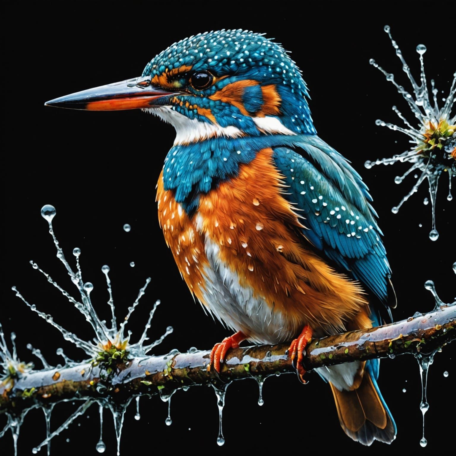Vibrant Kingfisher in Ink Splatter Watercolor