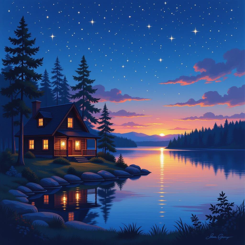Cozy Cabin on Lake at Dusk Under Starry Sky