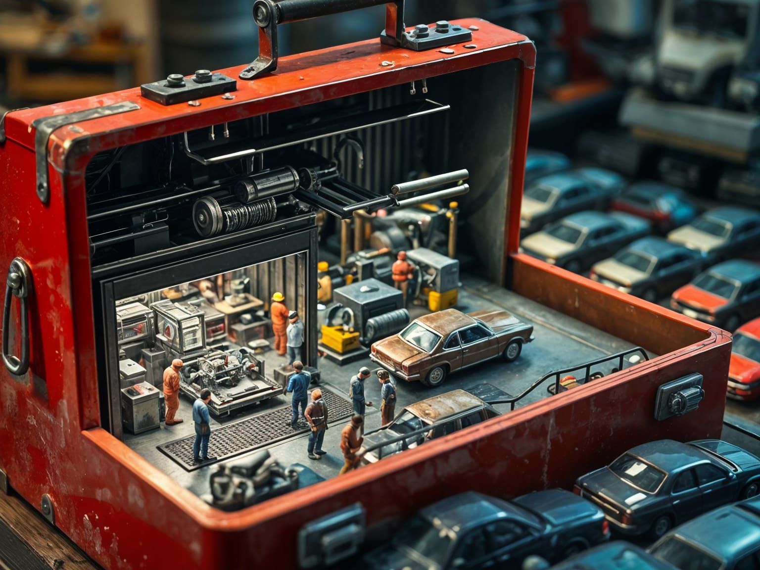Miniature Car Factory Diorama Inside Toolbox