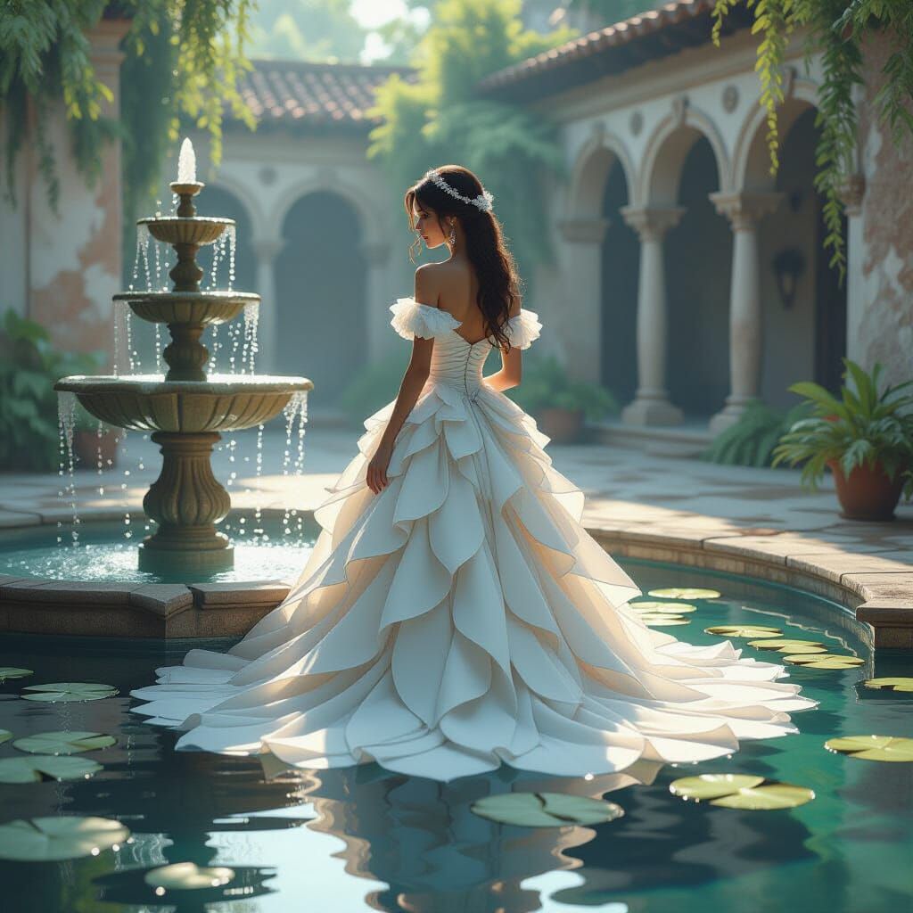 Princess in Water Lily Gown by Fountain