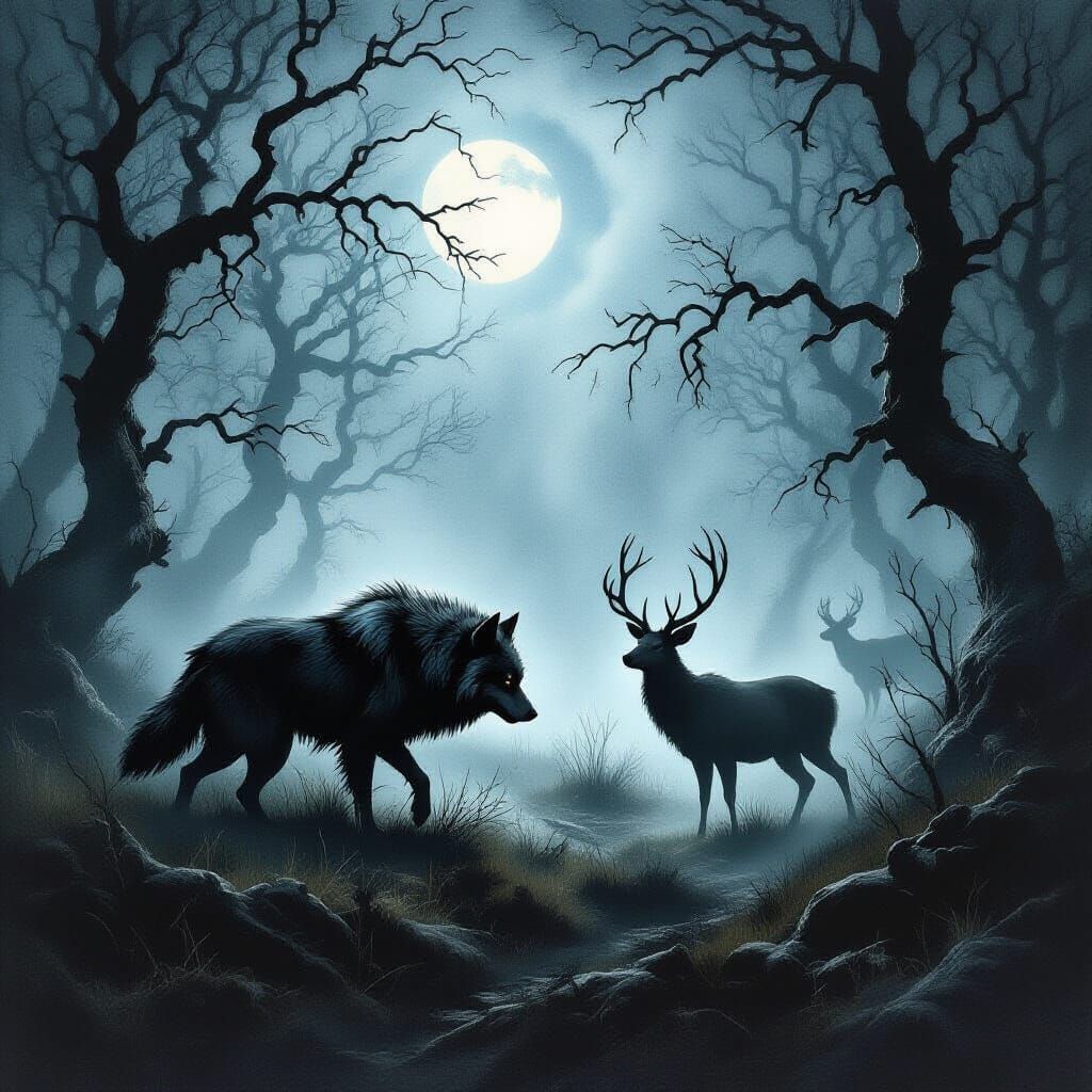 Wolves Hunt Deer in Moonlit Forest, Dark Etching Style
