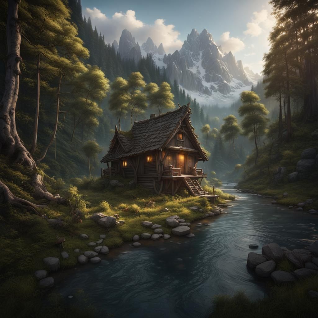 Mountain Forest Hut with Wolves: Fantasy Concept Art