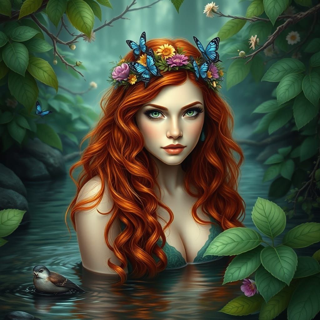 A mystical forest nymph is emerging from a calm woodland str...