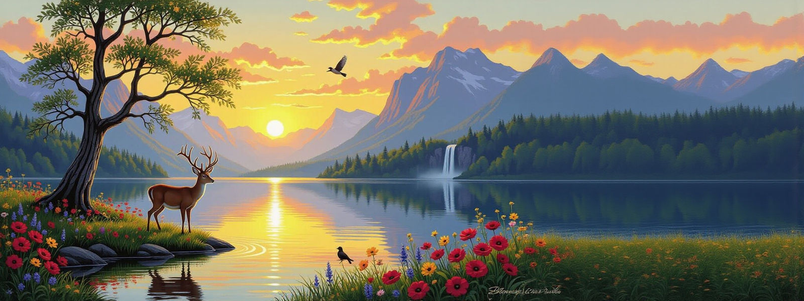 Deer by Lake at Sunrise, Mountain Waterfall Scene