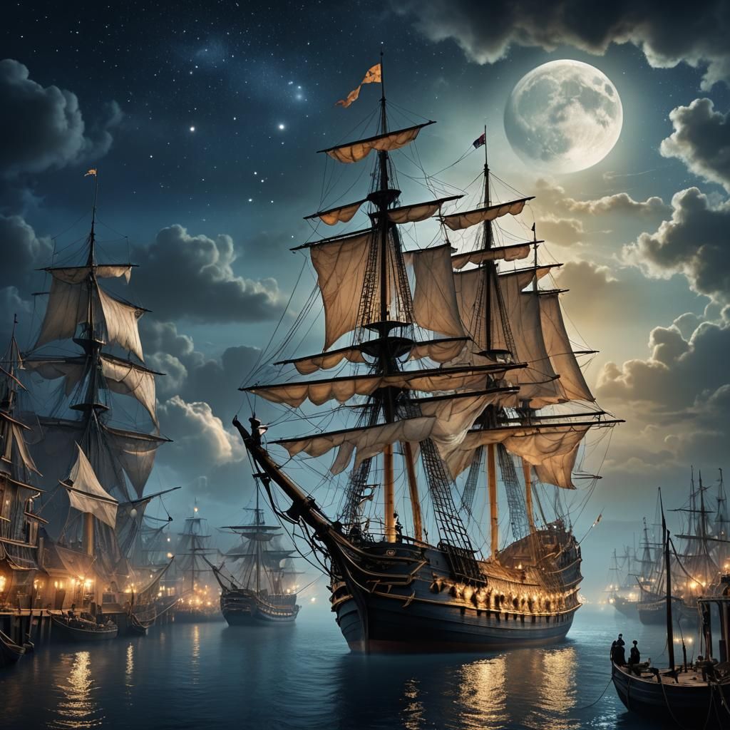Galleon Ship at Harbour in Moonlit Fantasy Painting