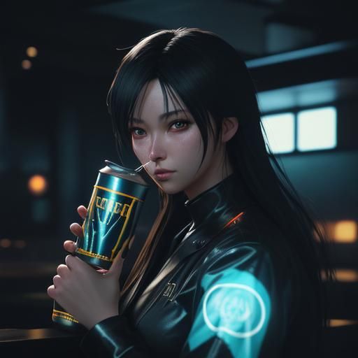 Anime Girl Drinking Beer in Dimly Lit Bar