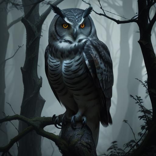 Menacing Owl in Moonlight: Hyperrealistic Digital Painting