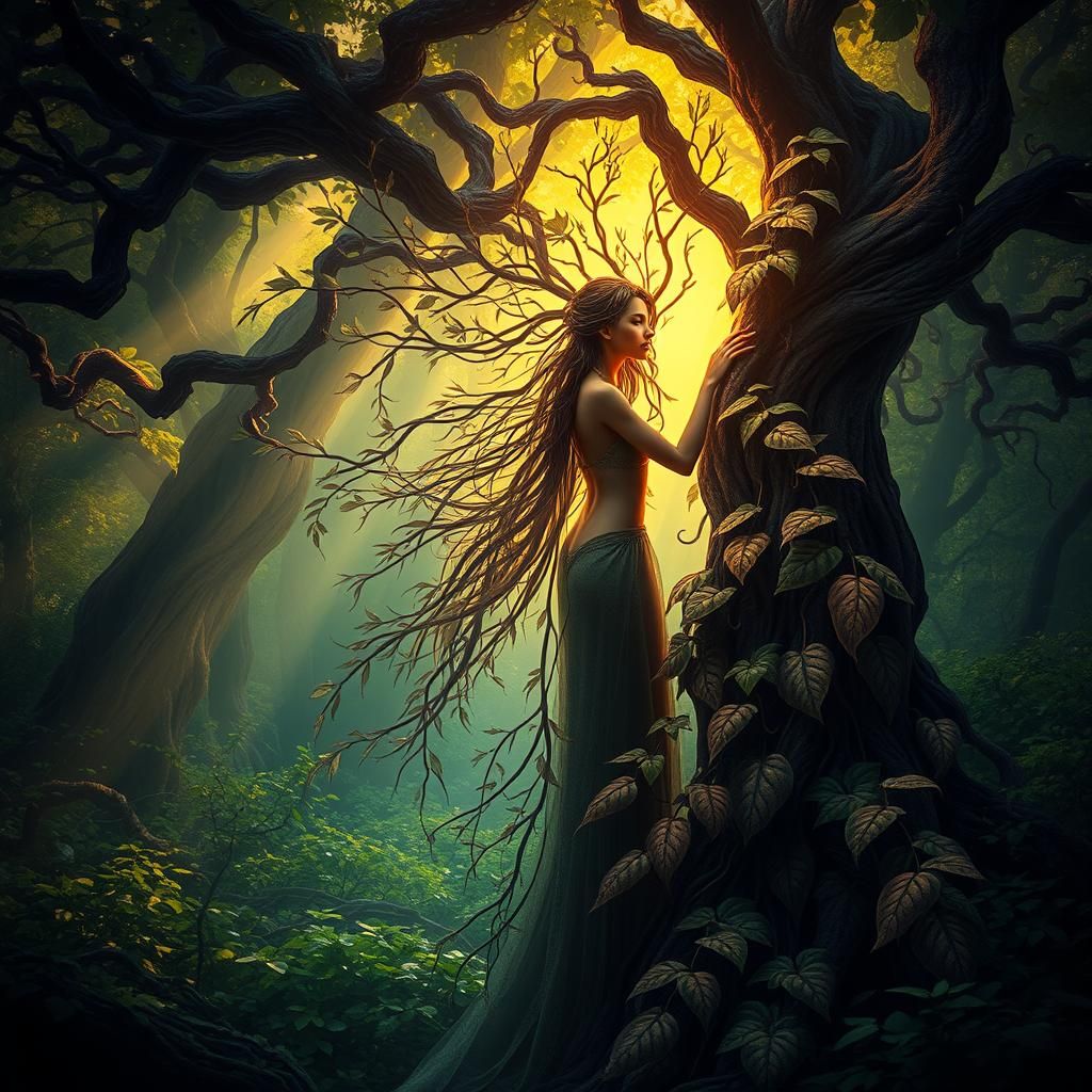 Ethereal Tree Fairy in Mystical Dark Fantasy Forest
