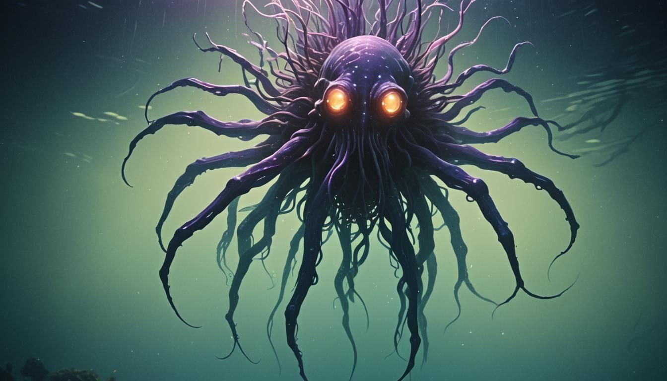 Eerie Glowing Creature in Dark Underwater Void