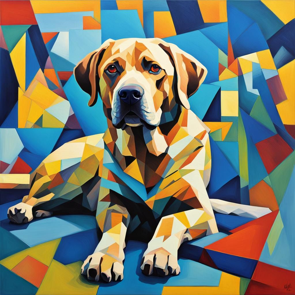 Cubist Lab Dog in Colorful Geometric Oil Painting