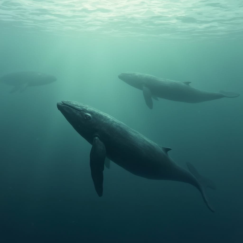 Ethereal Whales Swimming in a Dreamy Ocean