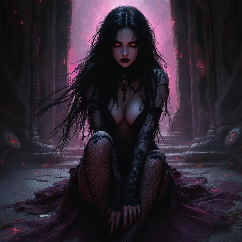 Goth Woman with Fishnets and Dramatic Eyeliner