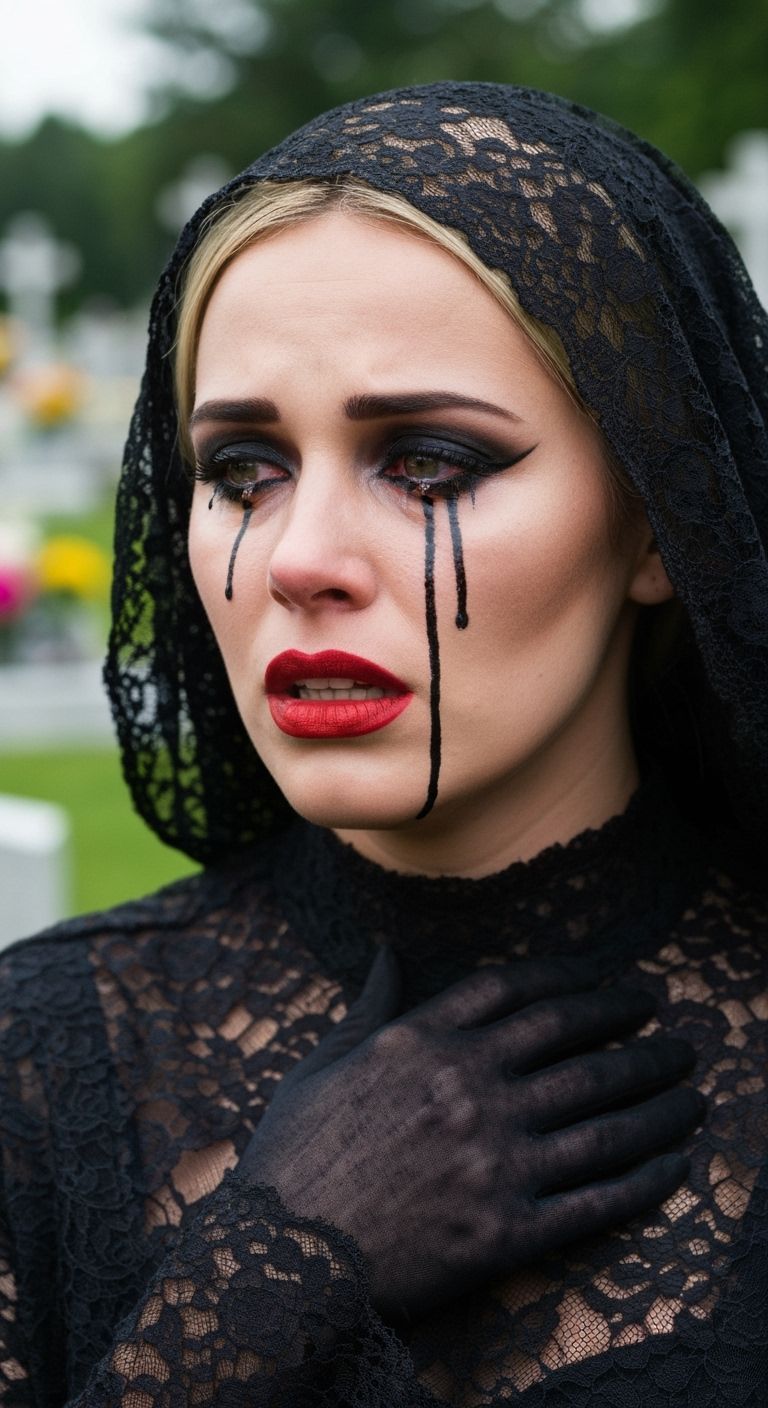 Grieving Widow with Black Lace Veil Crying