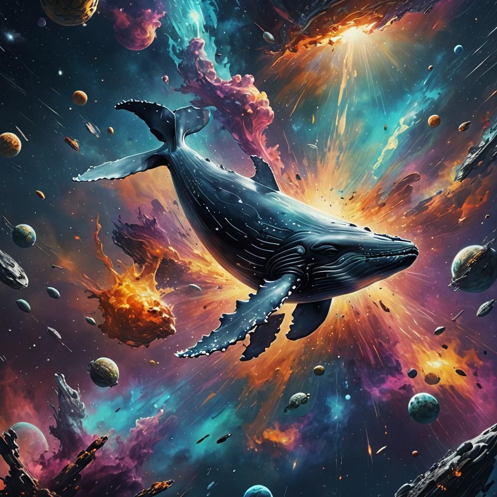 Hyperrealistic Whale Swimming in Colorful Space