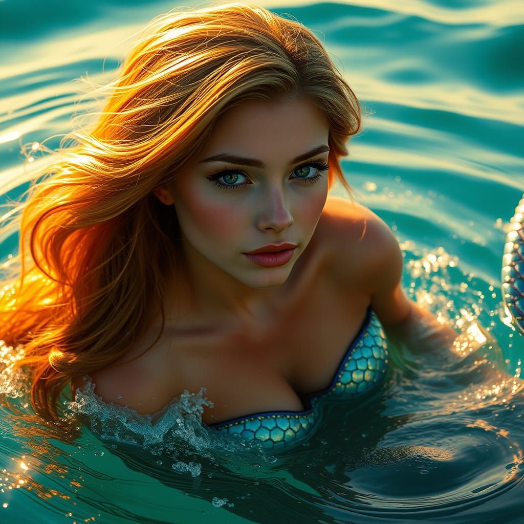 Mermaid Breaks Through Turquoise Ocean at Golden Hour