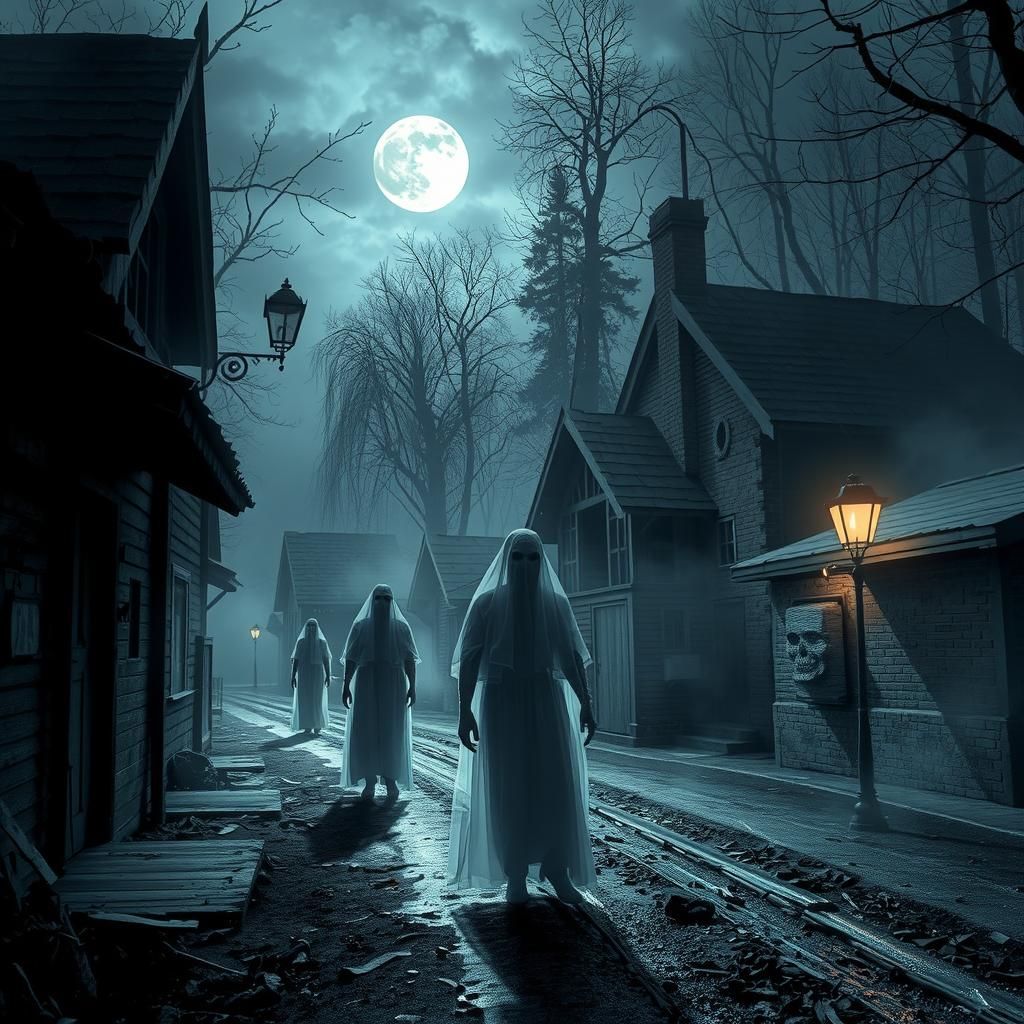 Eerie Ghosts in Haunted Village at Moonlight