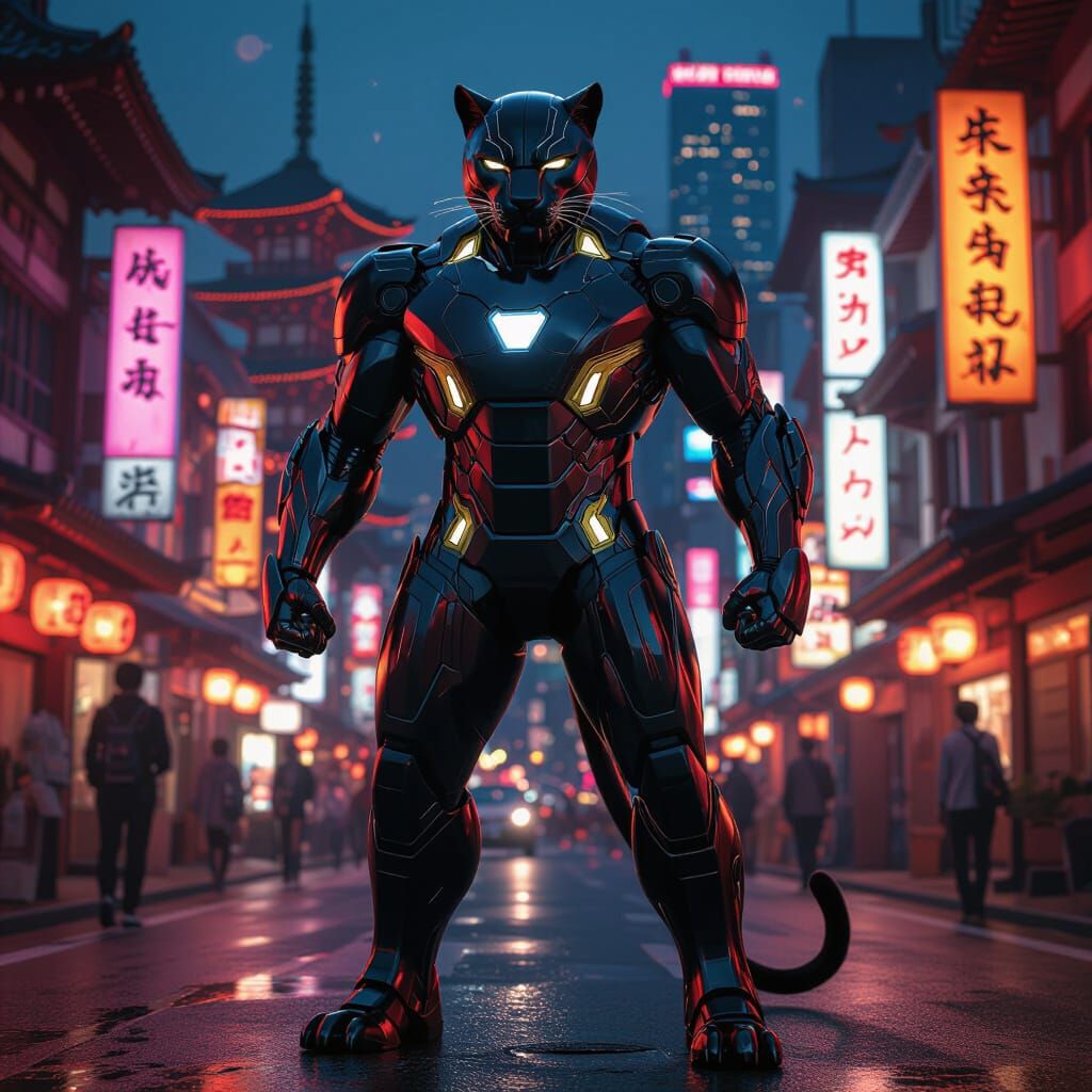 Panther-Iron Man Hybrid Roams Neon Tokyo Streets