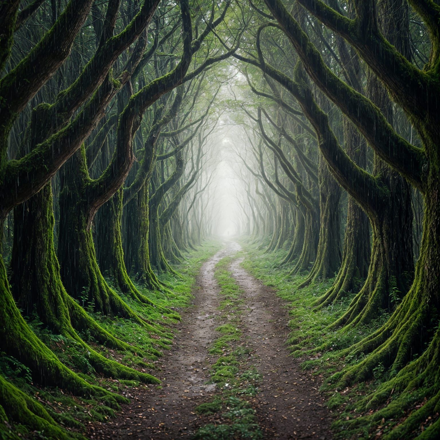 Enchanted Rainy Forest Path with Mossy Trees