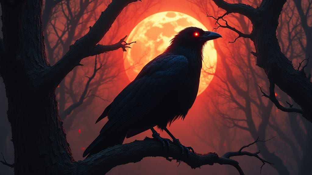 Majestic Raven Silhouetted Amidst Burning Forest in Hyperrea...