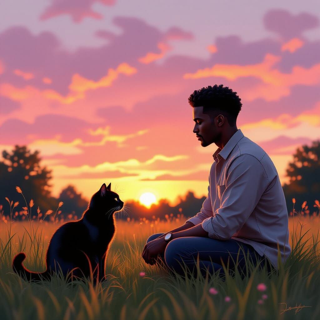 Man and Cat Gaze at Sunset in Magical Realism Garden