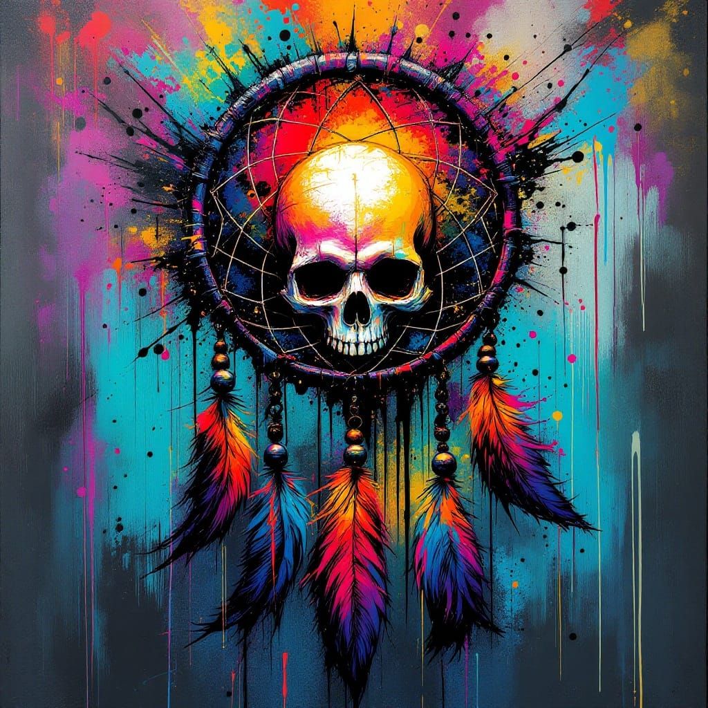 Vibrant Graffiti Dreamcatcher with Skull Centerpiece