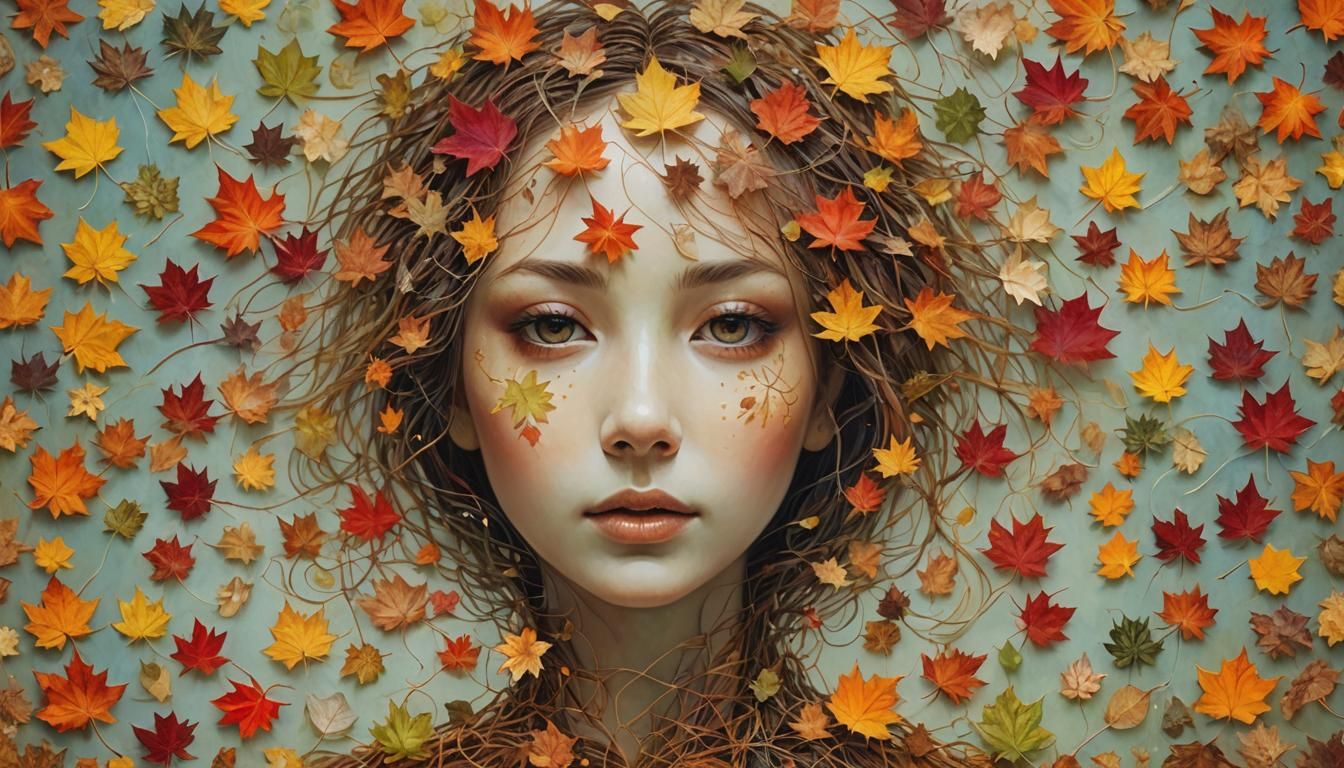 Surreal Autumn Leaf Face with Tiny Woman