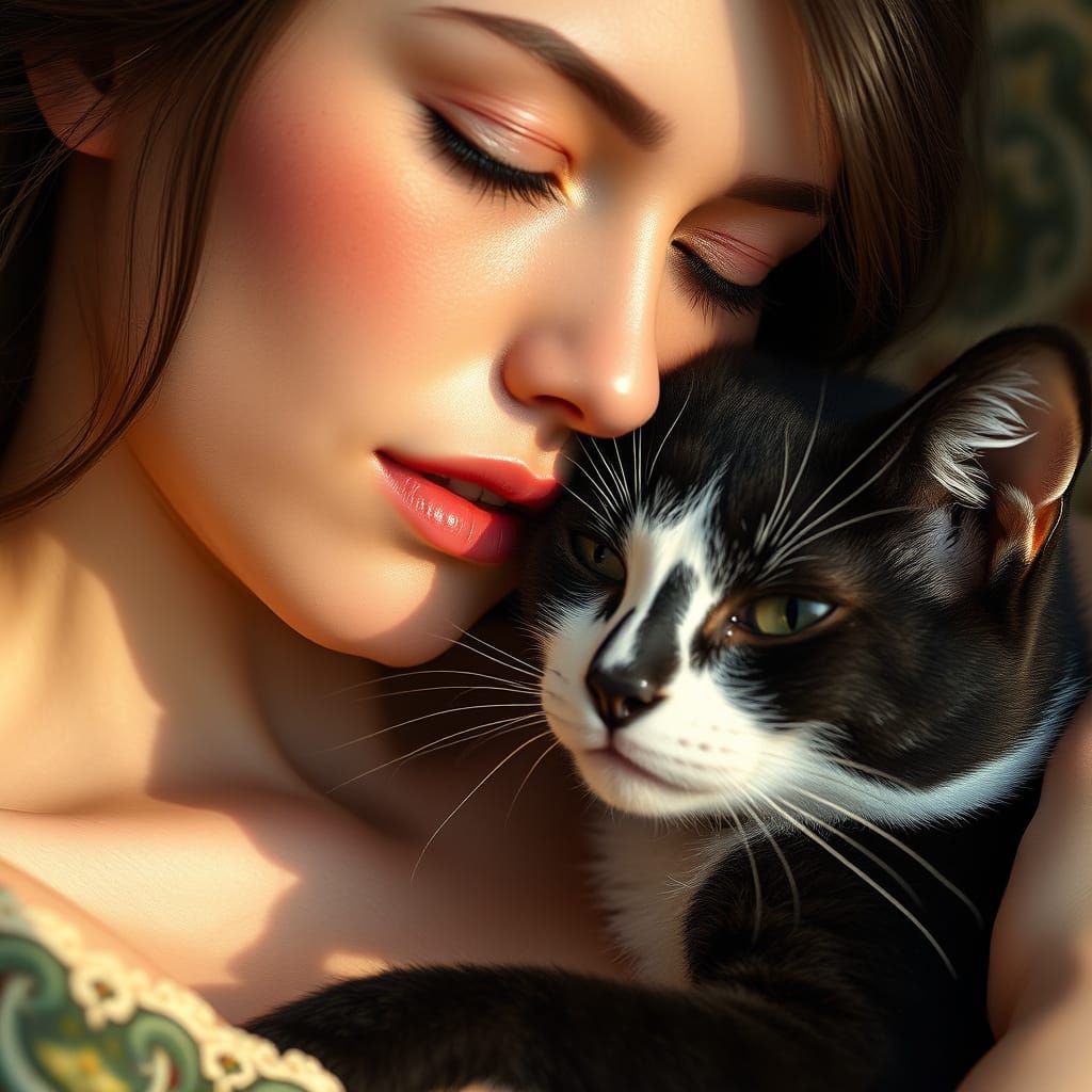 Woman in Rose Coral Hue Cradling a Black and White Cat in a ...