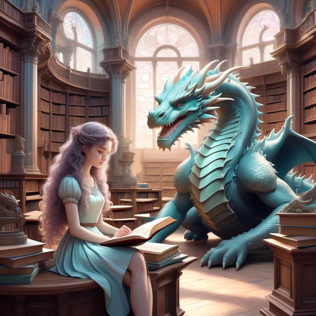 ein süßes Mädchen in einer antiken Bibliothek. Sie lesen einen Drachen aus einem alten Buch die Mythologie der Nibelunge...