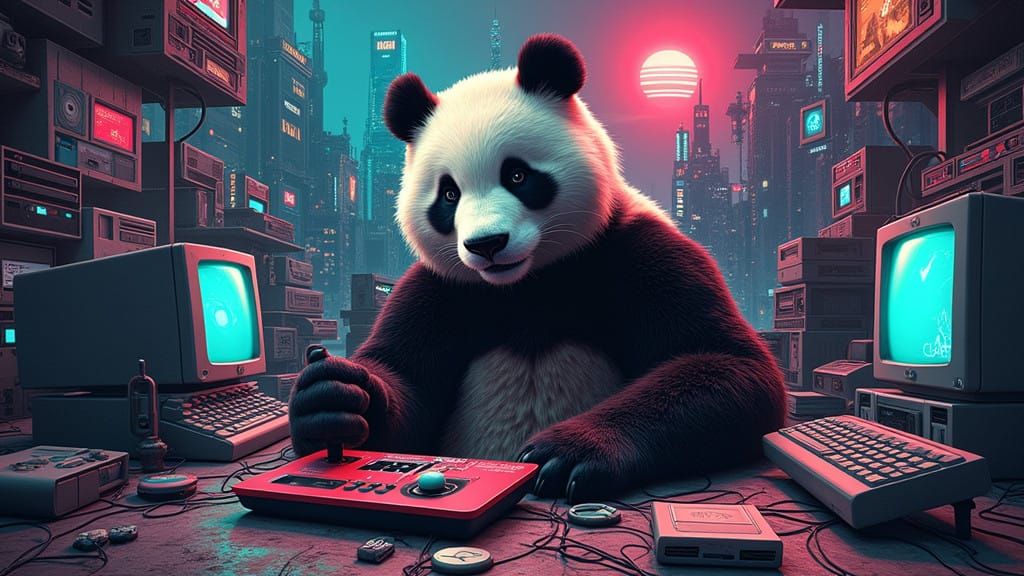 Gamer Amidst Retro Gaming Paradise in Dystopian Cityscape