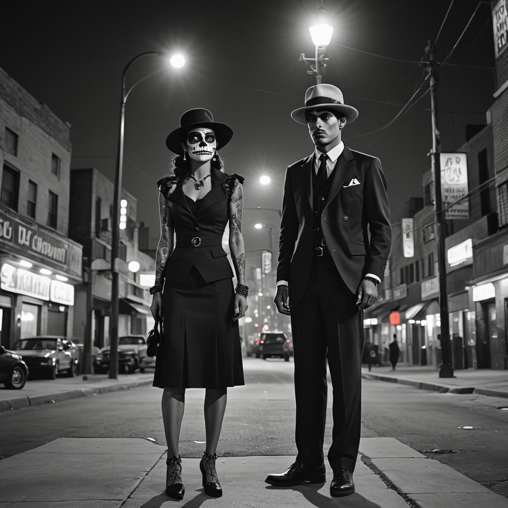 Film Noir Zoot Suiter Sugar Skull Under Streetlight