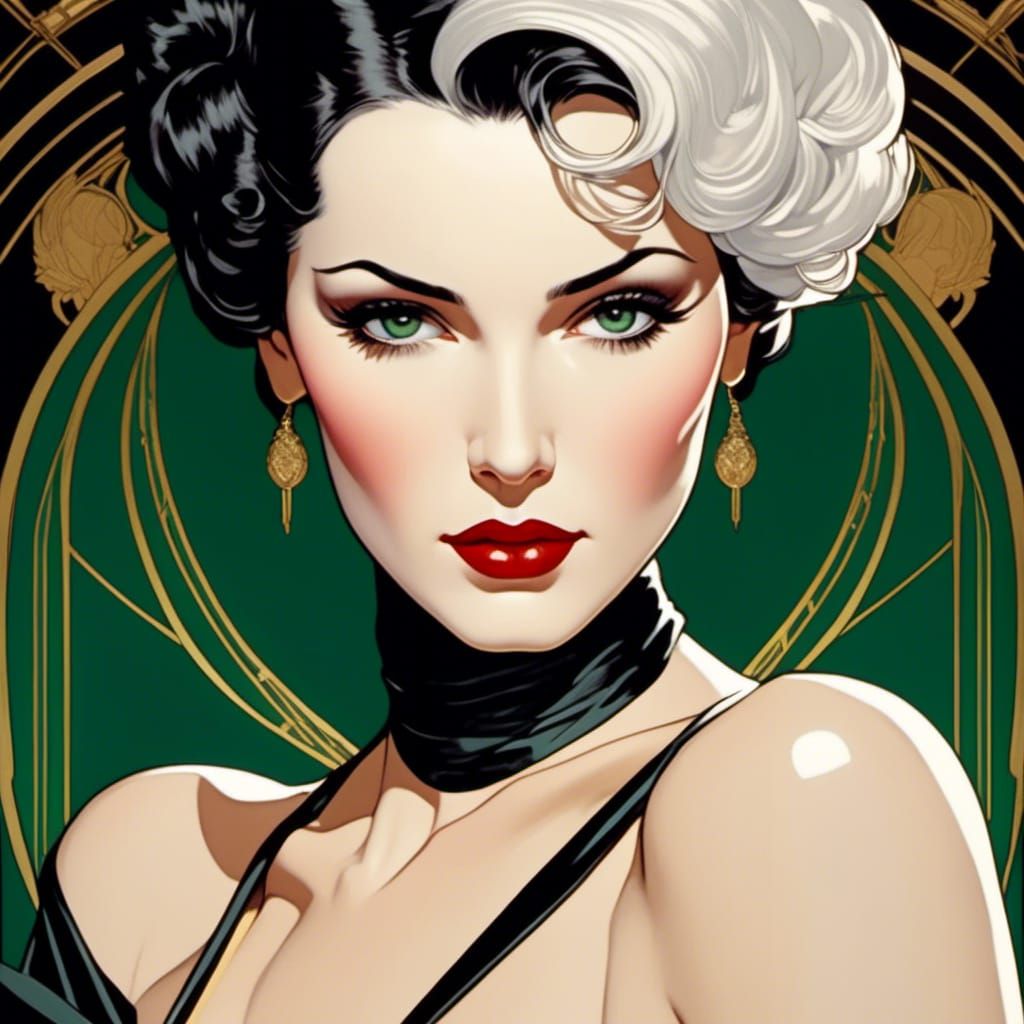 <lora:Nimbus:1.0> gothic pin-up :: black and white hairstyle...