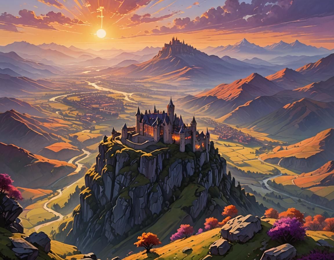 Epic Fantasy Landscape Painting with Castle at Sunset