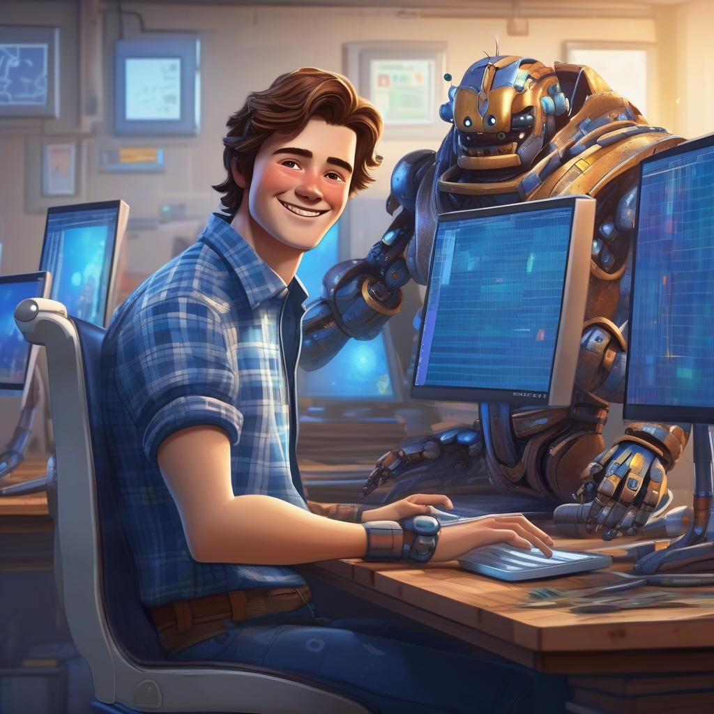 Hyperrealistic Robot Man at Computer, Detailed Concept Art