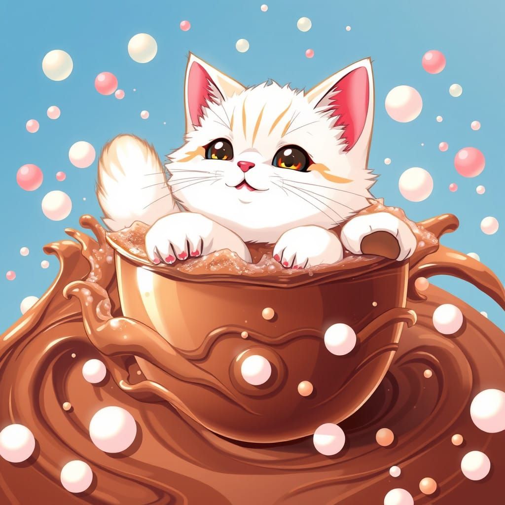 Kawaii Cat Dives into Rich Hot Chocolate