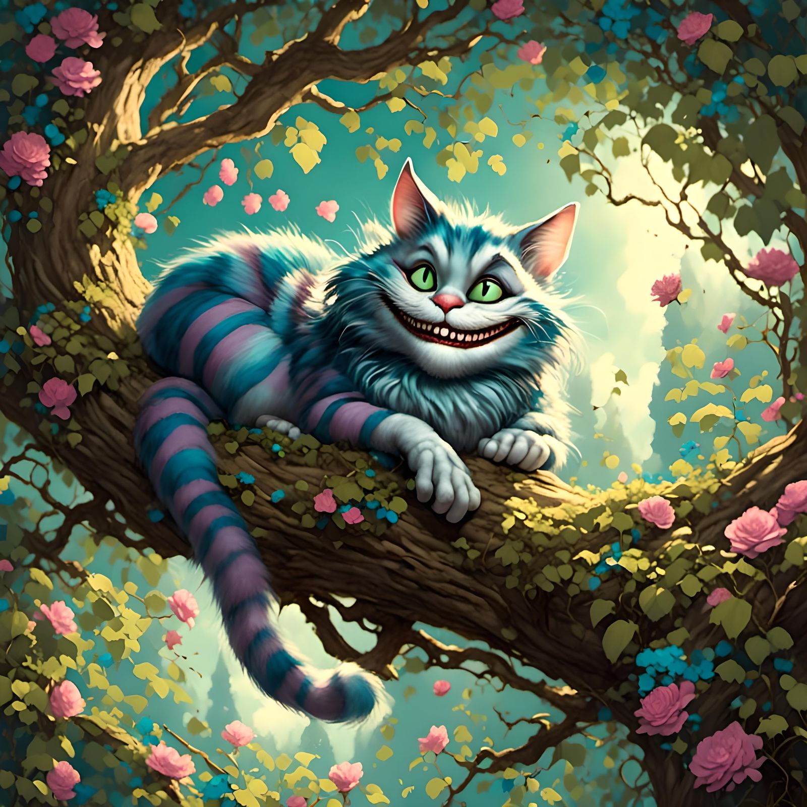 Cheshire cat from alice in wonderland, sitting on a tree lim...