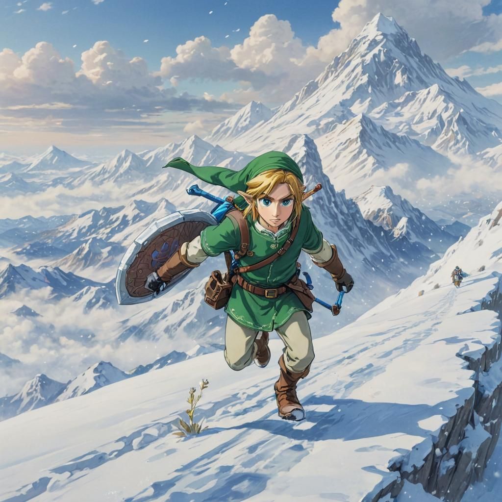 Link's Snowy Mountain Journey in Anime Style
