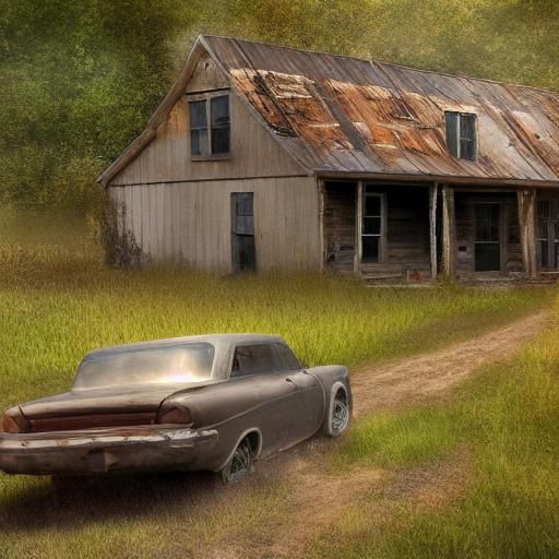 Abandoned Farmhouse on Dirt Road in Hyperrealistic Style