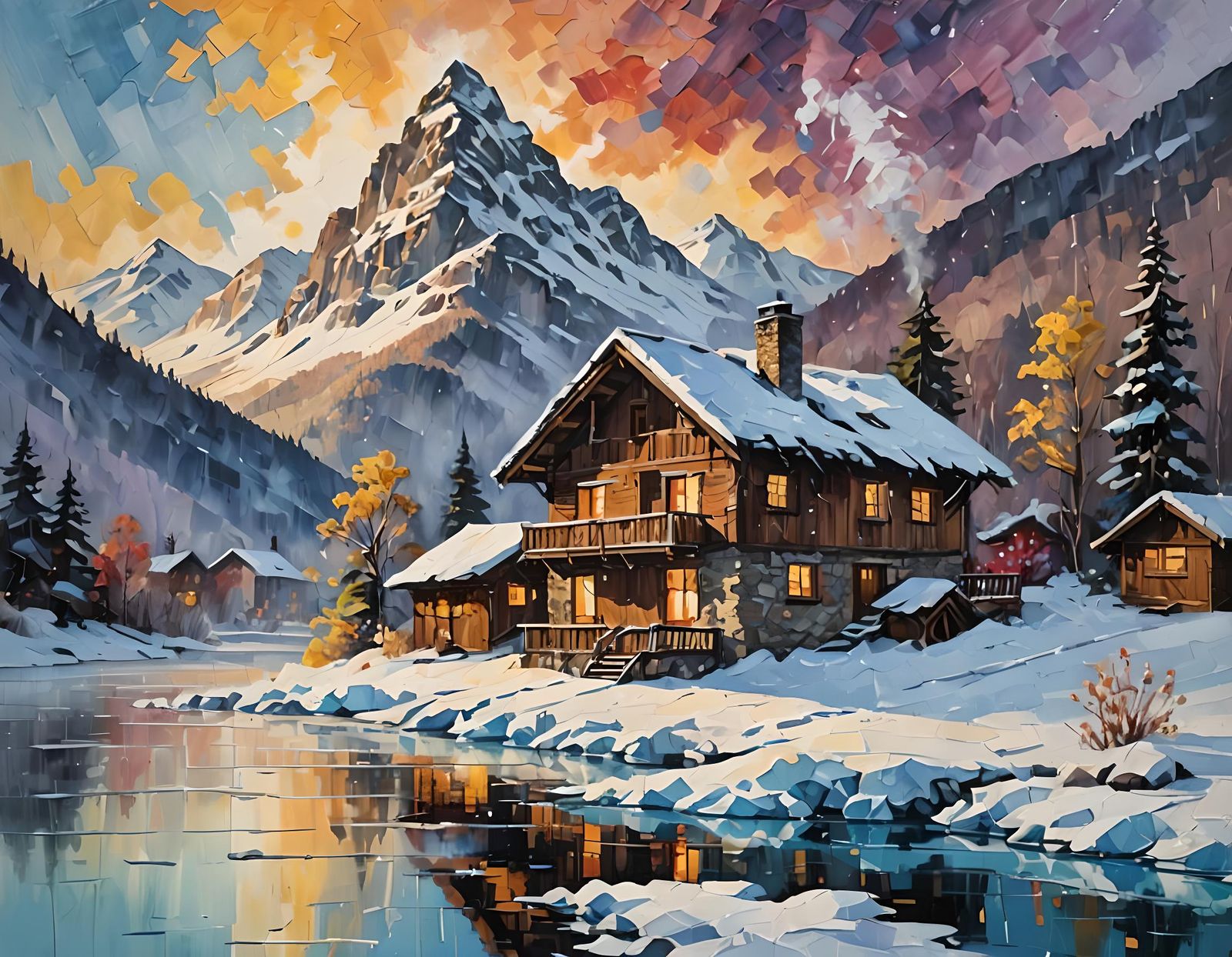 Winter Chalet in Snow: Impasto Impressionist Painting